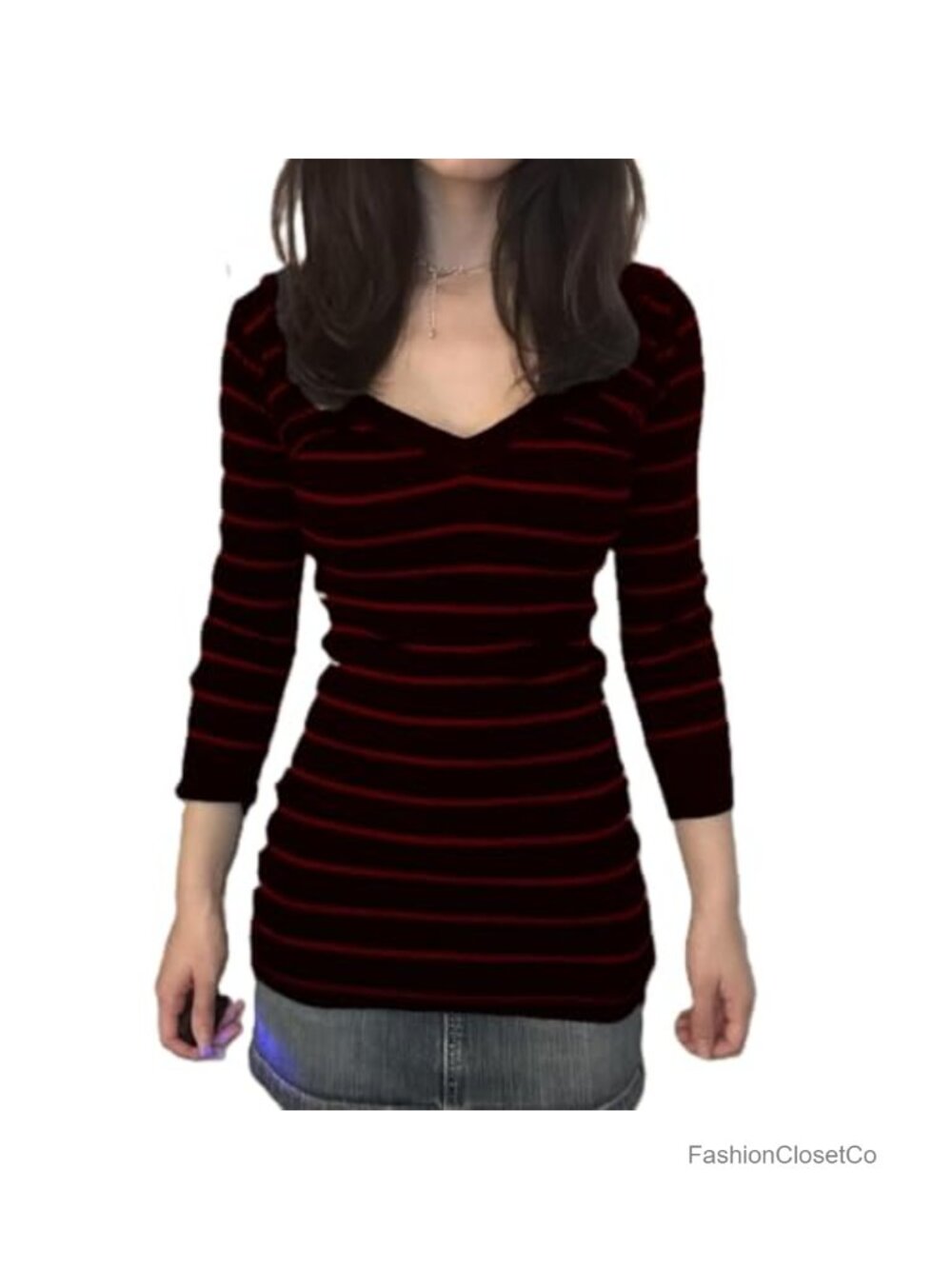 Y2K Striped Knit Shirt Low Cut Fitted Long Sleeve Color Block Tee